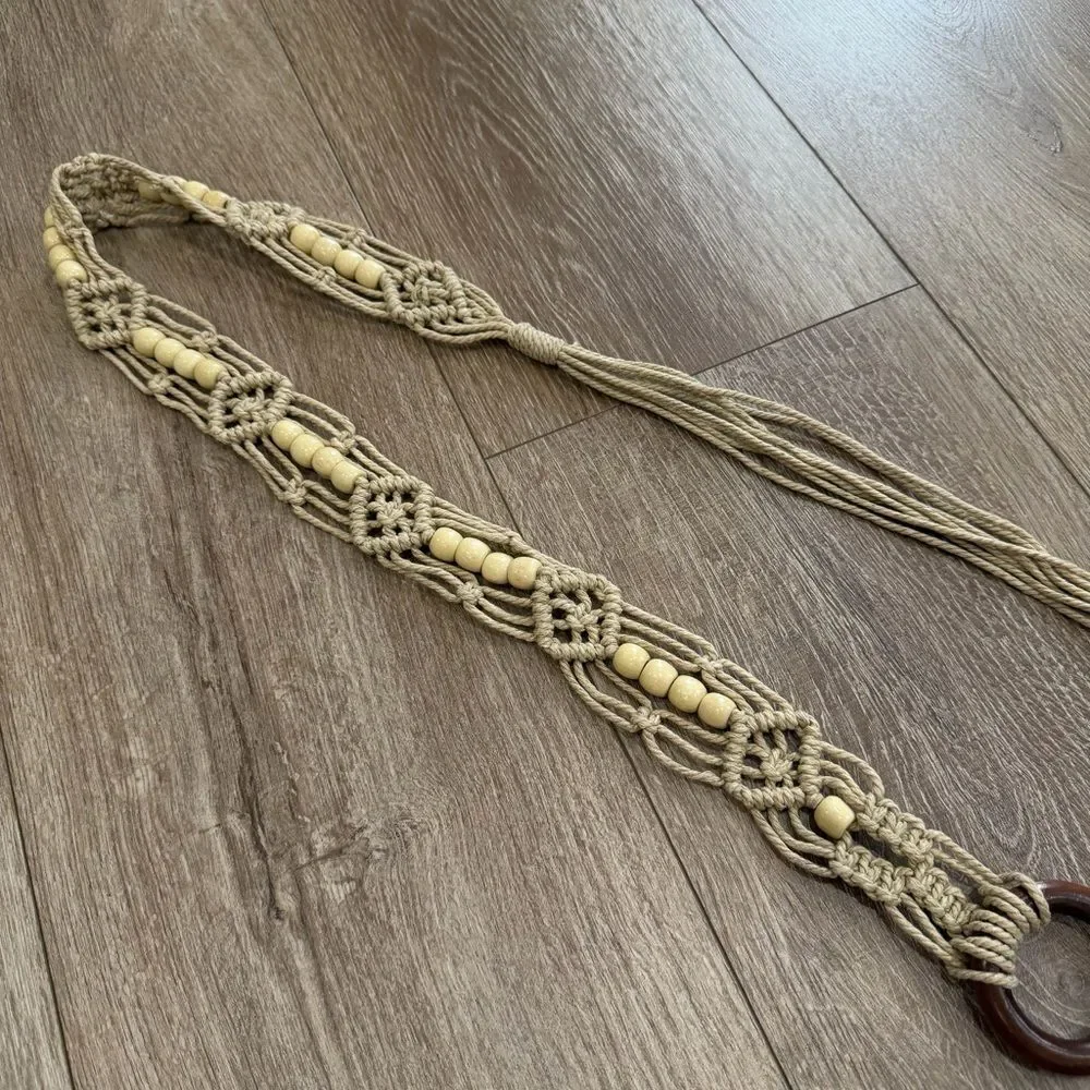 S O L D : Macrame Woven Rattan Straw Rope Braid Waist Belt O-Ring Wooden Buckle - Picture 6 of 15